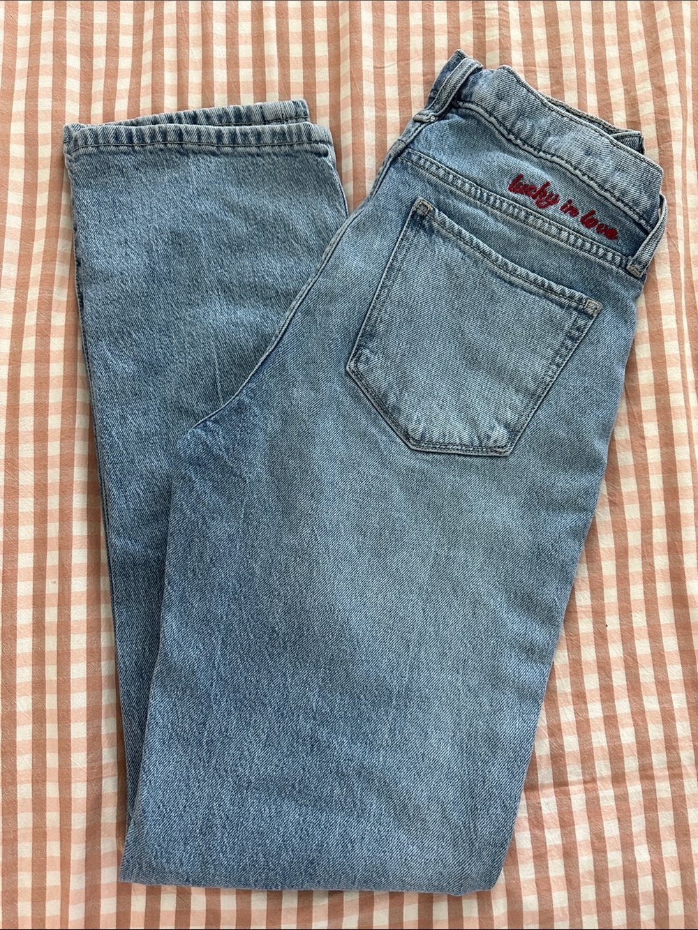 Light Blue Men’s Jeans with 'Lucky in Love' Embroidery